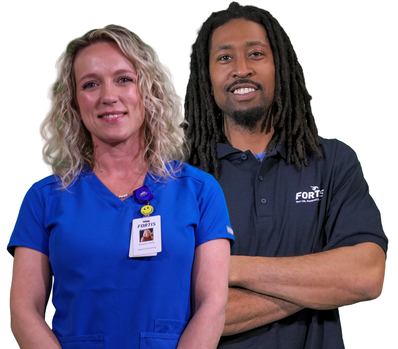 Woman in scrubs and man in Fortis polo shirt